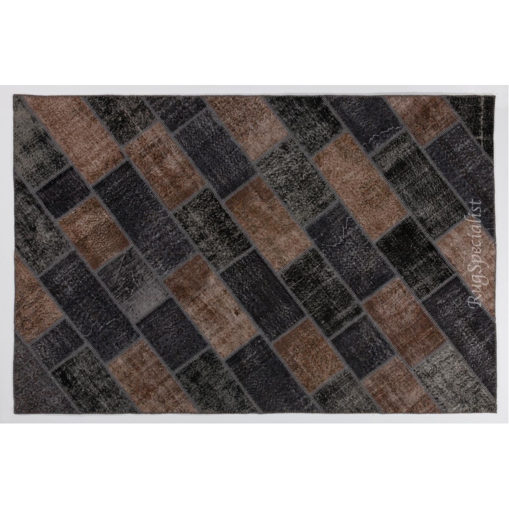 Handmade Turkish Patchwork Rug in Brown and Black Colors, Contemporary Re-Dyed Wool Carpet