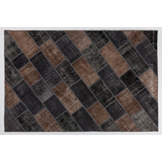 Turkish Hand Knotted Patchwork Rug in Brown and Black Colors, Contemporary Re-Dyed Wool Carpet