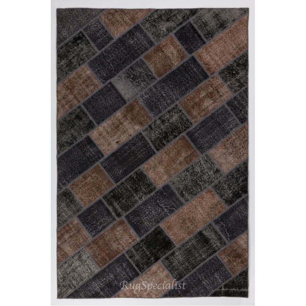 Handmade Turkish Patchwork Rug in Brown and Black Colors, Contemporary Re-Dyed Wool Carpet