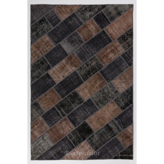 Turkish Hand Knotted Patchwork Rug in Brown and Black Colors, Contemporary Re-Dyed Wool Carpet