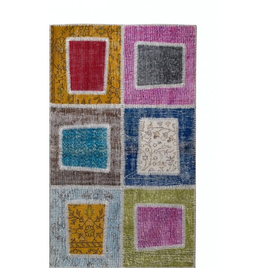 Hand-Made Colorful Patchwork Rug for Kitchen, Dining Room, Office & Living Room Decor, Geometric Vintage Central Anatolian Wool Carpet