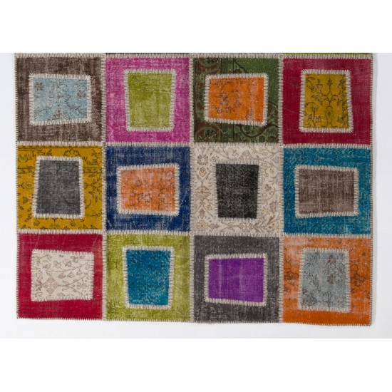 Multicolor Geometric Handmade Patchwork Rug Made from Over-Dyed Vintage Carpets Multicolor Geometric Handmade Patchwork Rug Made from Over-Dyed Vintage Carpets