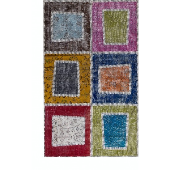 Hand-Made Colorful Patchwork Rug for Kitchen, Dining Room, Office & Living Room Decor, Geometric Vintage Central Anatolian Wool Carpet Hand-Made Colorful Patchwork Rug for Kitchen, Dining Room, Office & Living Room Decor, Geometric Vintage Central Anatolian Wool Carpet