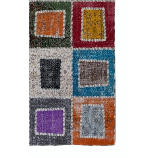 Hand-Made Colorful Patchwork Rug for Kitchen, Dining Room, Office & Living Room Decor, Geometric Vintage Central Anatolian Wool Carpet