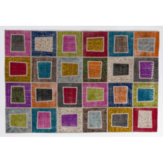 Multicolor Geometric Handmade Patchwork Rug Made from Over-Dyed Vintage Carpets Multicolor Geometric Handmade Patchwork Rug Made from Over-Dyed Vintage Carpets