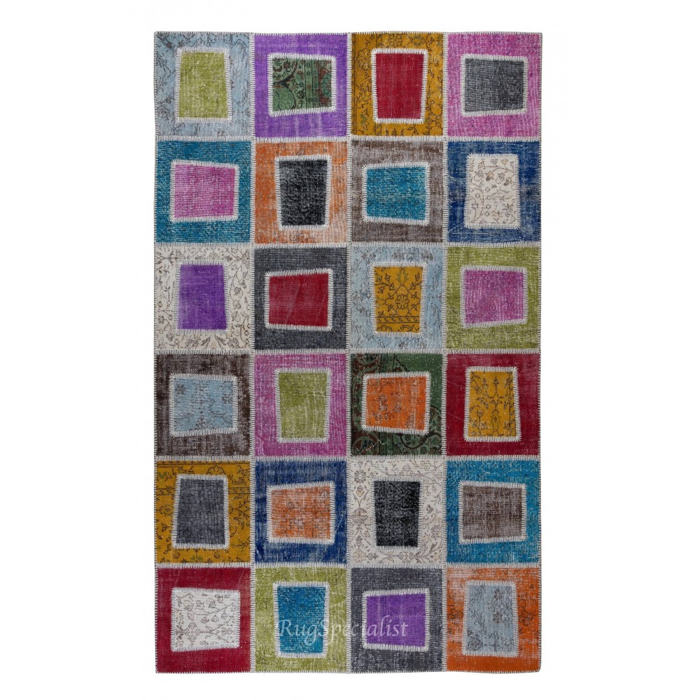 Hand-Made Colorful Patchwork Rug for Kitchen, Dining Room, Office & Living Room Decor, Geometric Vintage Central Anatolian Wool Carpet