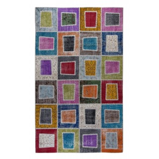 Hand-Made Colorful Patchwork Rug for Kitchen, Dining Room, Office & Living Room Decor, Geometric Vintage Central Anatolian Wool Carpet