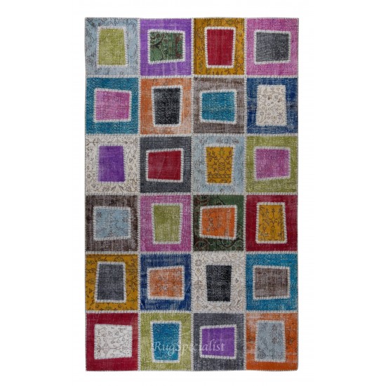 Hand-Made Colorful Patchwork Rug for Kitchen, Dining Room, Office & Living Room Decor, Geometric Vintage Central Anatolian Wool Carpet Hand-Made Colorful Patchwork Rug for Kitchen, Dining Room, Office & Living Room Decor, Geometric Vintage Central Anatolian Wool Carpet
