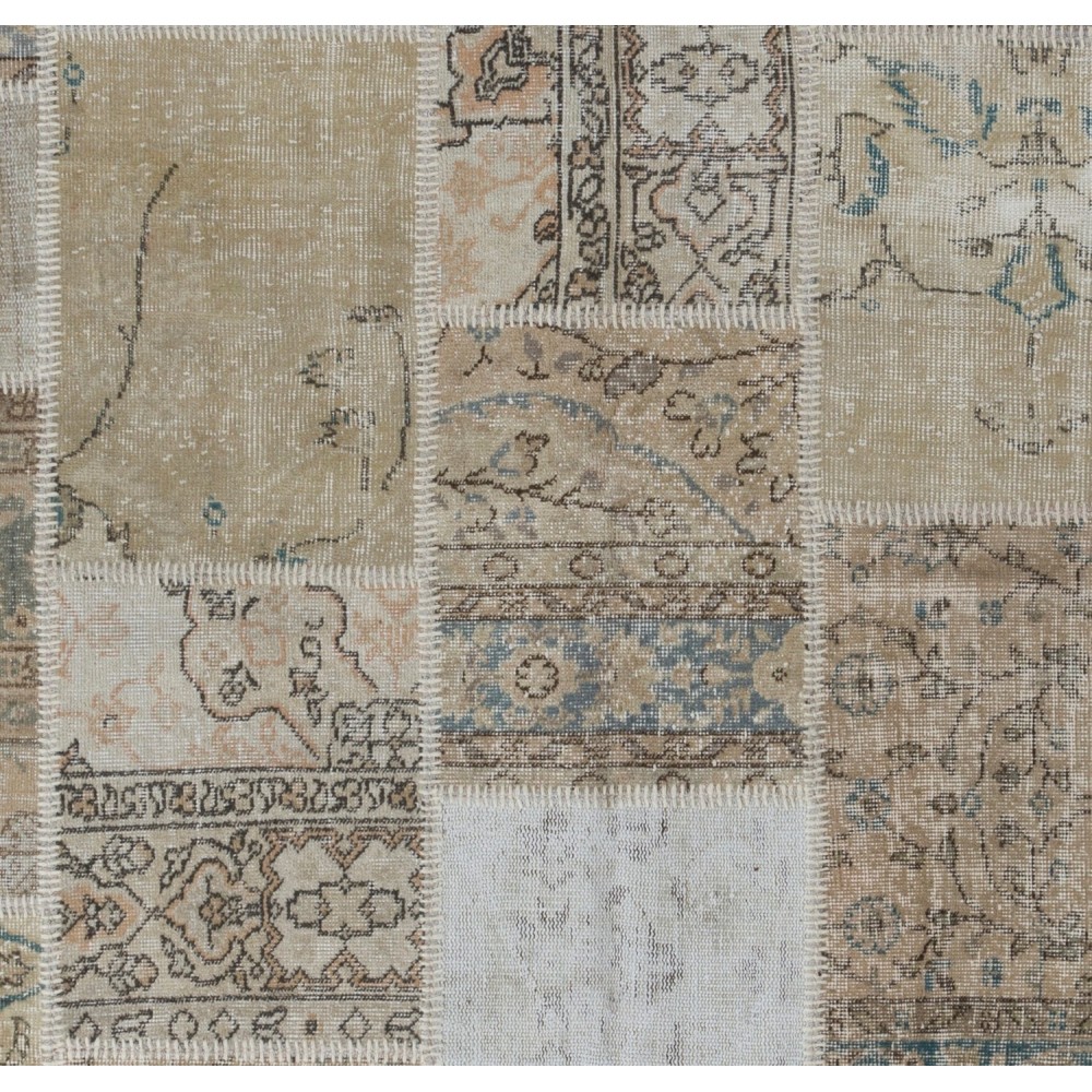 Handmade Patchwork Rug in Muted Colors, Traditional Turkish Oushak Wool Carpet for Country Homes, Rustic and Modern Interiors
