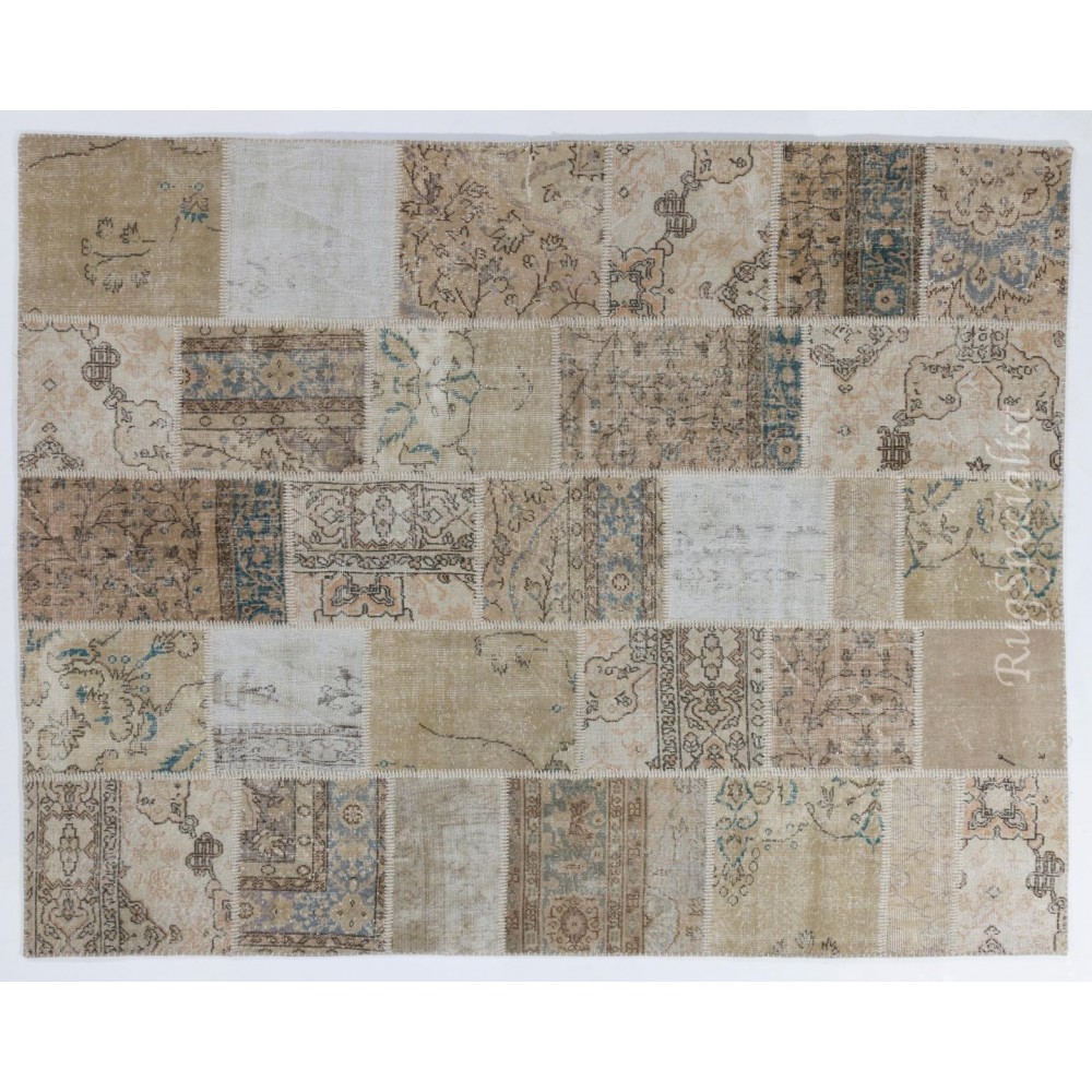 Handmade Patchwork Rug in Muted Colors, Traditional Turkish Oushak Wool Carpet for Country Homes, Rustic and Modern Interiors