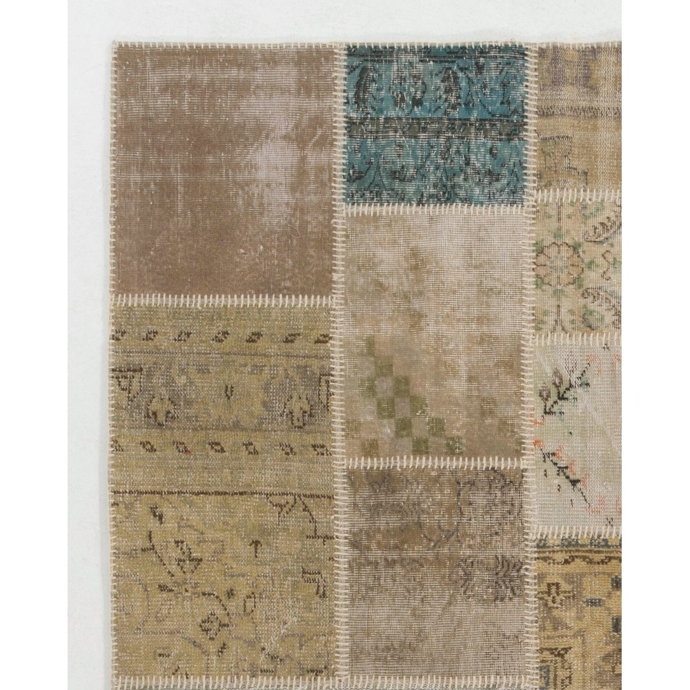Traditional Hand-Knotted Wool Patchwork Rug | Vintage Muted Earth Tone Turkish Carpet