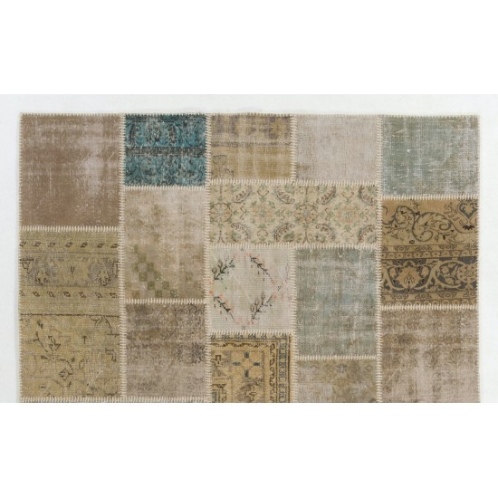 Handmade Patchwork Rug in Muted Colors, Traditional Turkish Oushak Wool Carpet for Country Homes, Rustic and Modern Interiors