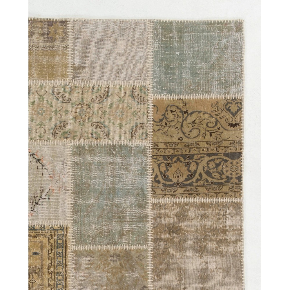 Traditional Hand-Knotted Wool Patchwork Rug | Vintage Muted Earth Tone Turkish Carpet