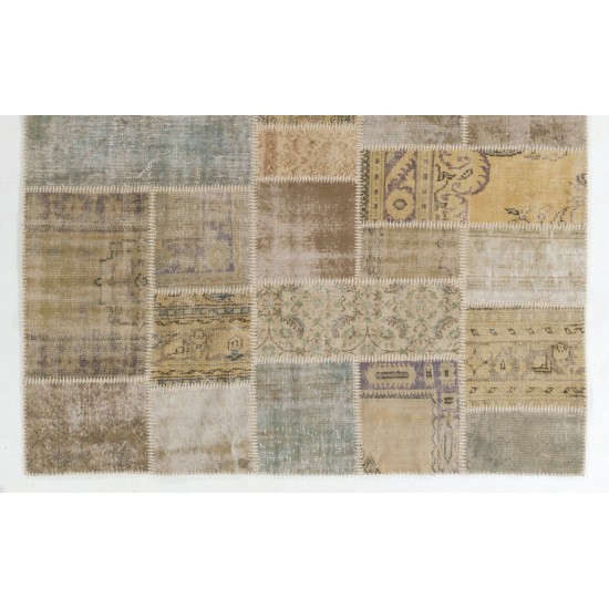 Handmade Patchwork Rug in Muted Colors, Traditional Turkish Oushak Wool Carpet for Country Homes, Rustic and Modern Interiors