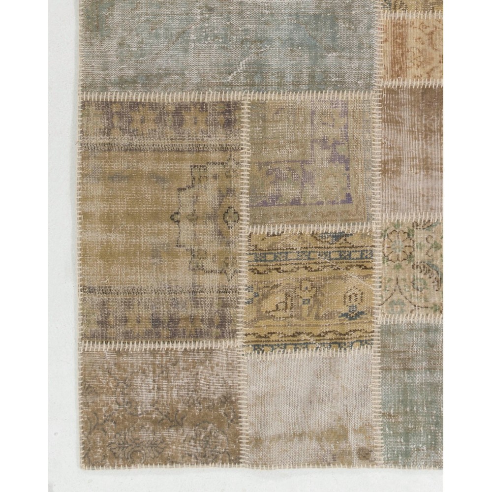 Traditional Hand-Knotted Wool Patchwork Rug | Vintage Muted Earth Tone Turkish Carpet