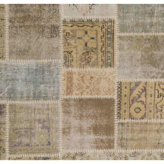 Handmade Patchwork Rug in Muted Colors, Traditional Turkish Oushak Wool Carpet for Country Homes, Rustic and Modern Interiors