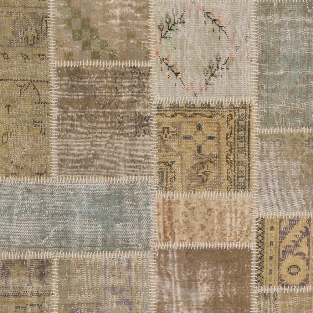 Traditional Hand-Knotted Wool Patchwork Rug | Vintage Muted Earth Tone Turkish Carpet