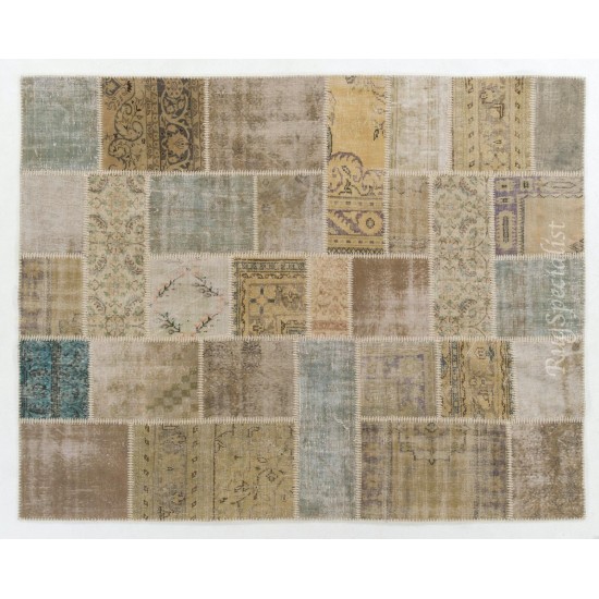 Handmade Patchwork Rug in Muted Colors, Traditional Turkish Oushak Wool Carpet for Country Homes, Rustic and Modern Interiors