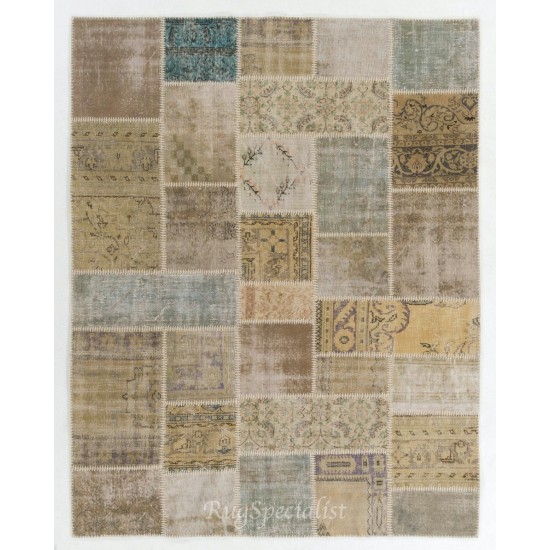 Handmade Patchwork Rug in Muted Colors, Traditional Turkish Oushak Wool Carpet for Country Homes, Rustic and Modern Interiors