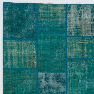 Contemporary Teal Blue Patchwork Rug | Hand-Knotted Turkish Wool Carpet for Living Room and Bedroom
