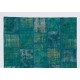 Patchwork Rug in Shades of Teal Blue and Turquoise, Modern Handmade Turkish Carpet, Woolen Floor Covering