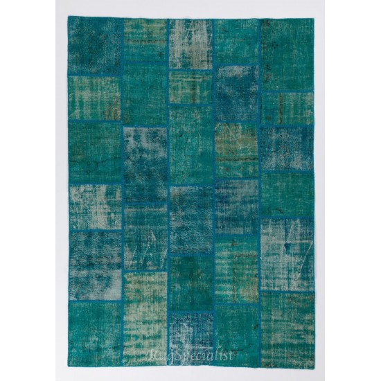 Patchwork Rug in Shades of Teal Blue and Turquoise, Modern Handmade Turkish Carpet, Woolen Floor Covering