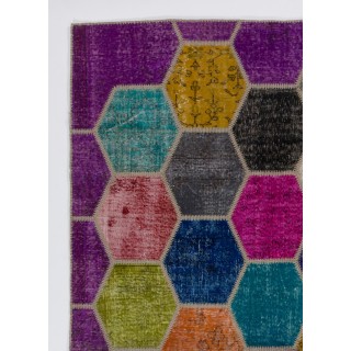Vibrant Colorful Turkish Overdyed Patchwork Rug | Hand-Knotted Wool Carpet for Modern Living Room