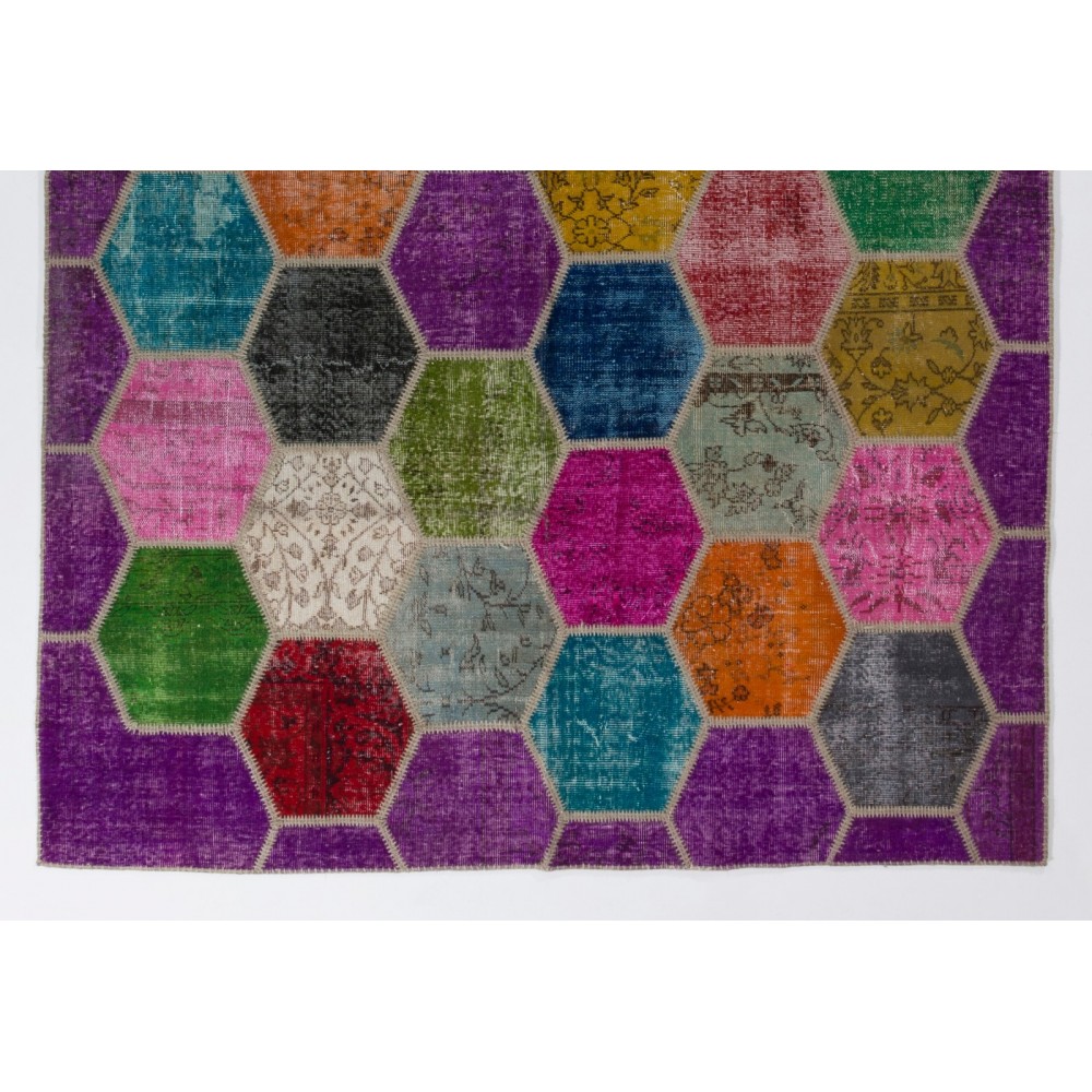 Vibrant Color Handmade Patchwork Carpet. Modern Look Multicolor Wool Area Rug