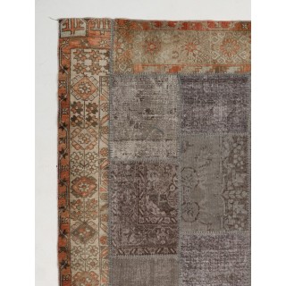 Vintage Gray and Terracotta Patchwork Rug | Hand-Knotted Turkish Border Pattern Carpet for Living Room and Bedroom Vintage Gray and Terracotta Patchwork Rug | Hand-Knotted Turkish Border Pattern Carpet for Living Room and Bedroom