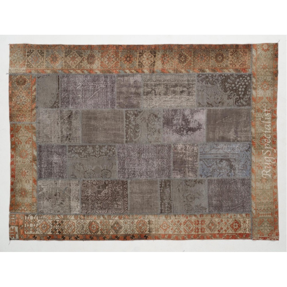 Vintage Patchwork Rug. Handmade Turkish Carpet. Modern Home and Office Decor Bordered Floor Rug