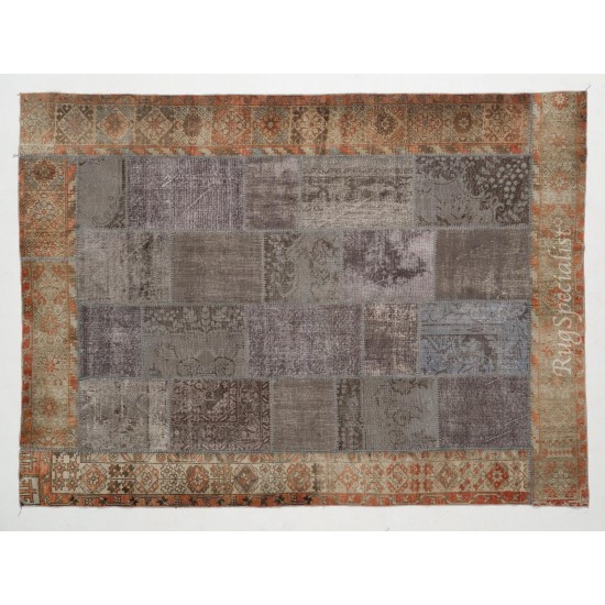 Vintage Patchwork Rug. Handmade Turkish Carpet. Modern Home and Office Decor Bordered Floor Rug