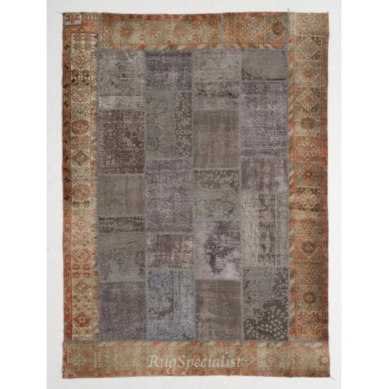 Vintage Patchwork Rug. Handmade Turkish Carpet. Modern Home and Office Decor Bordered Floor Rug