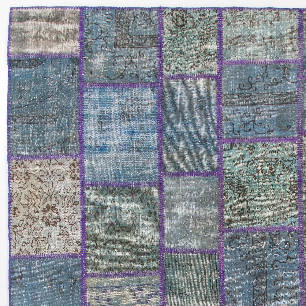 Contemporary Handmade Turkish Patchwork Rug in Shades of Blue | Modern Hand-knotted Wool Carpet Contemporary Handmade Turkish Patchwork Rug in Shades of Blue | Modern Hand-knotted Wool Carpet