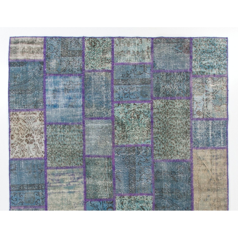 Contemporary Handmade Turkish Patchwork Rug in Shades of Blue, Modern Hand-knotted Wool Carpet
