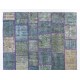 Contemporary Handmade Turkish Patchwork Rug in Shades of Blue, Modern Hand-knotted Wool Carpet