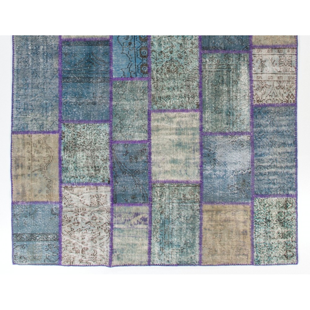 Contemporary Handmade Turkish Patchwork Rug in Shades of Blue, Modern Hand-knotted Wool Carpet