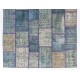 Contemporary Handmade Turkish Patchwork Rug in Shades of Blue, Modern Hand-knotted Wool Carpet
