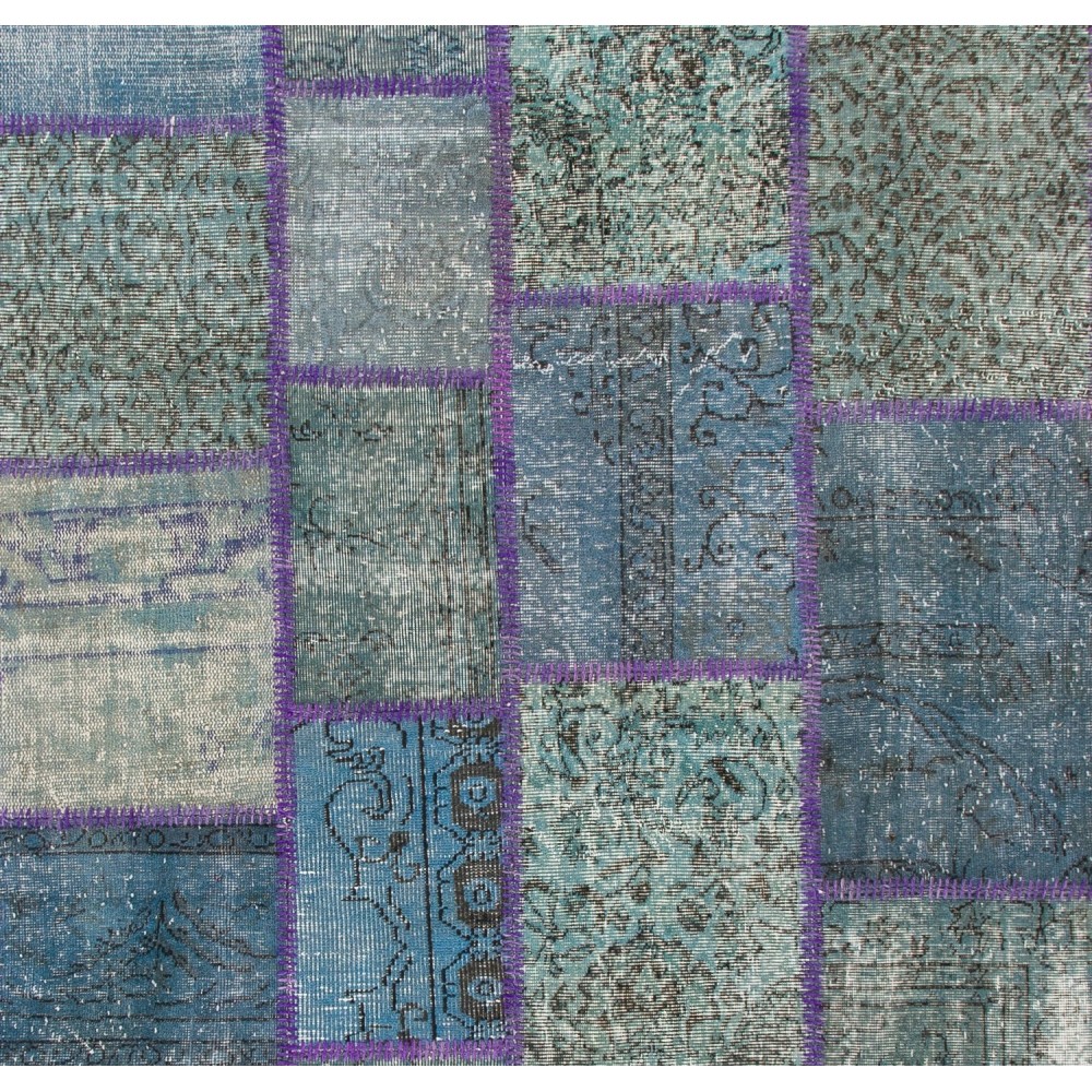 Contemporary Handmade Turkish Patchwork Rug in Shades of Blue, Modern Hand-knotted Wool Carpet
