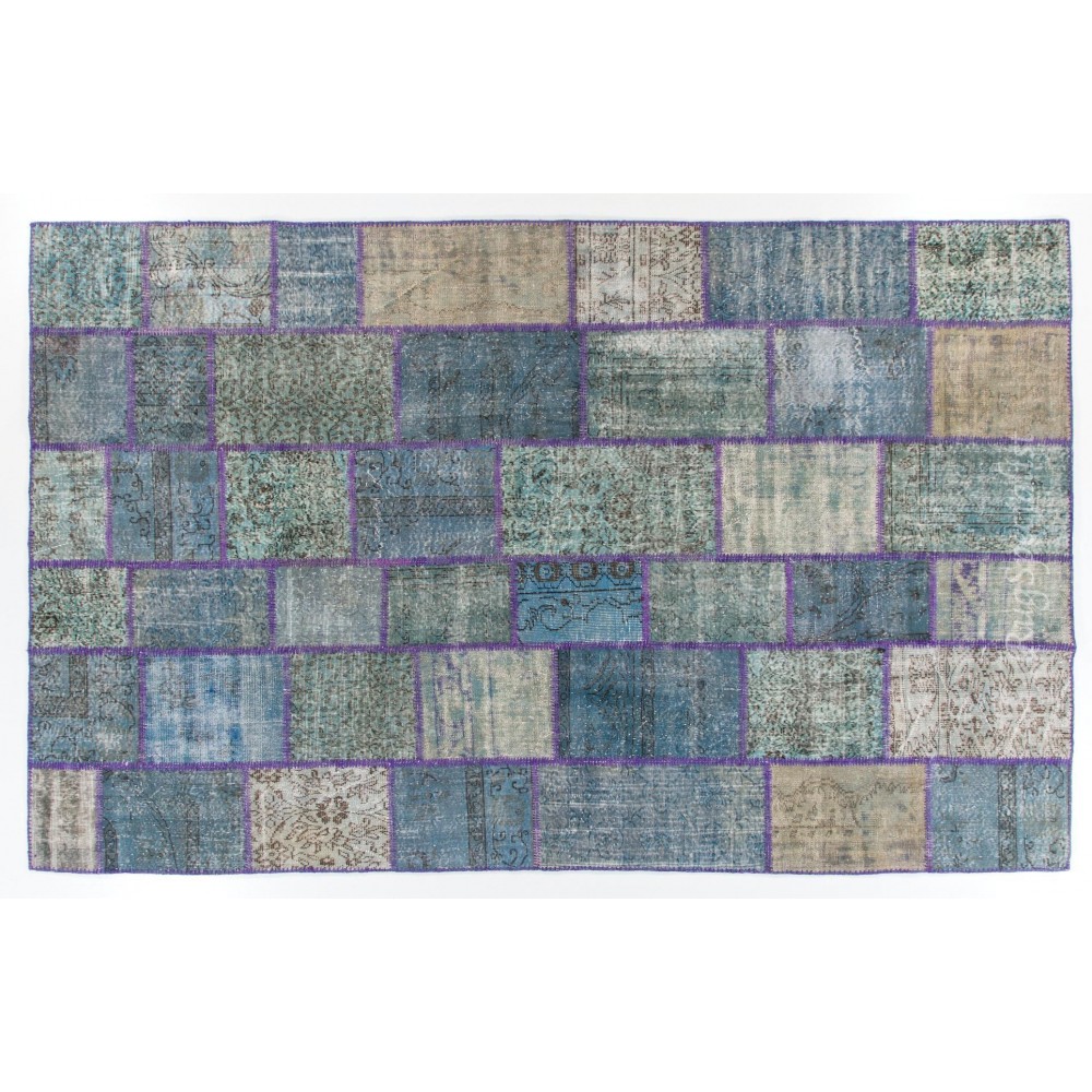 Contemporary Handmade Turkish Patchwork Rug in Shades of Blue, Modern Hand-knotted Wool Carpet