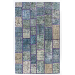 Contemporary Handmade Turkish Patchwork Rug in Shades of Blue, Modern Hand-knotted Wool Carpet