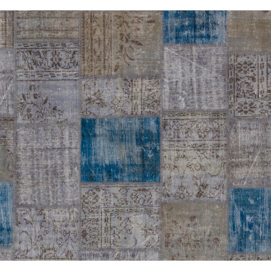 Handmade Blue Patchwork Rug Made from Over-Dyed Vintage Carpets, CUSTOM OPTIONS Av.