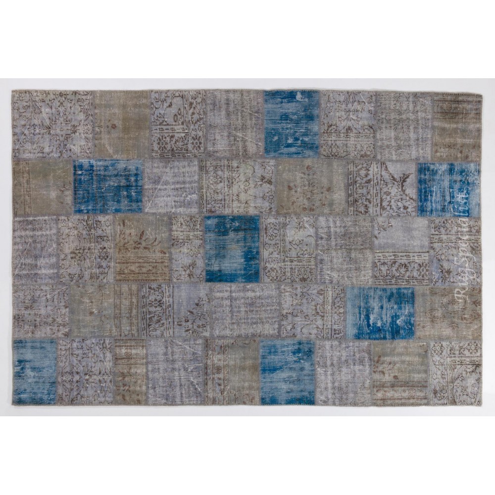 Handmade Blue Patchwork Rug Made from Over-Dyed Vintage Carpets, CUSTOM OPTIONS Av.