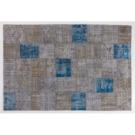 Handmade Blue Patchwork Rug Made from Over-Dyed Vintage Carpets, CUSTOM OPTIONS Av.