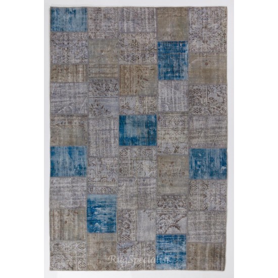 Handmade Blue Patchwork Rug Made from Over-Dyed Vintage Carpets, CUSTOM OPTIONS Av.