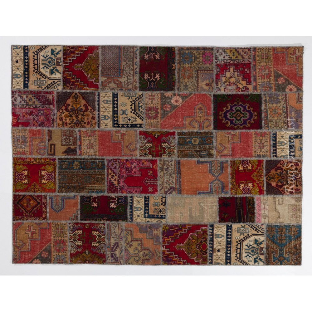 Handmade Patchwork Rug, Authentic Vintage Turkish Carpet