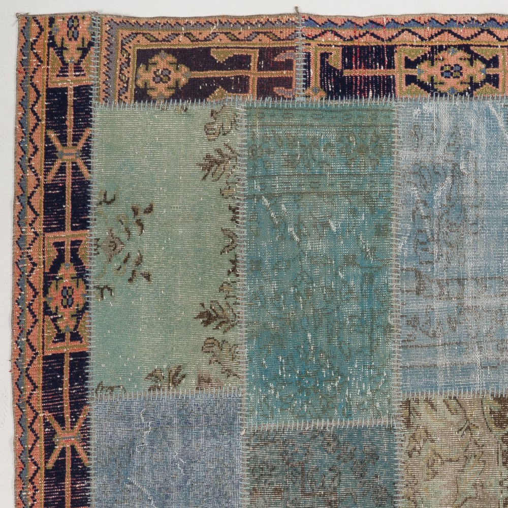 Vintage Turquoise and Blue Patchwork Rug | Hand-Knotted Turkish Dark Border Pattern Carpet for Living Room and Bedroom