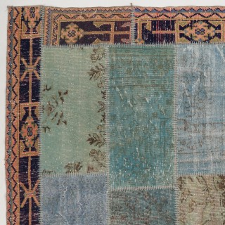 Vintage Turquoise and Blue Patchwork Rug | Hand-Knotted Turkish Dark Border Pattern Carpet for Living Room and Bedroom Vintage Turquoise and Blue Patchwork Rug | Hand-Knotted Turkish Dark Border Pattern Carpet for Living Room and Bedroom