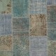 Vintage Turquoise and Blue Patchwork Rug | Hand-Knotted Turkish Dark Border Pattern Carpet for Living Room and Bedroom