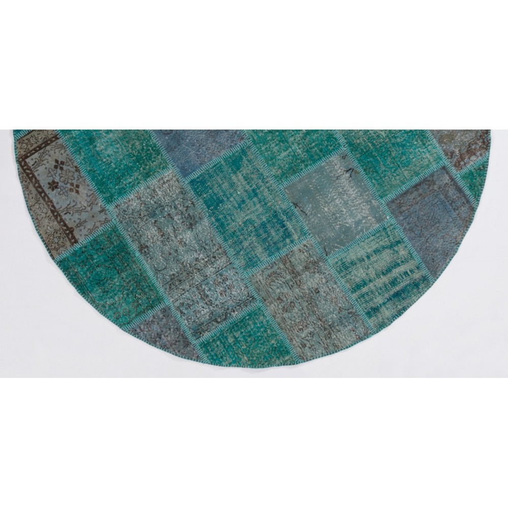 Round Handmade Turkish Patchwork Rug, Circular Vintage Re-Dyed Patchwork Carpet