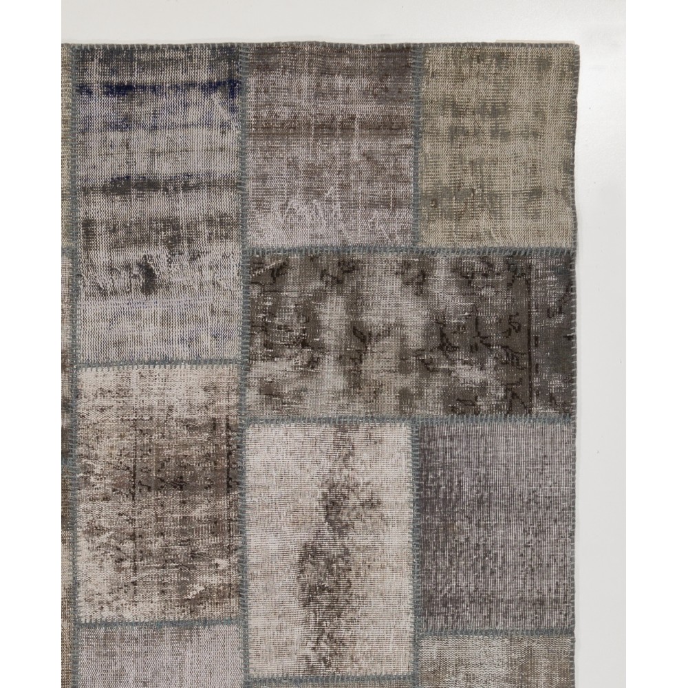 Distressed Vintage Gray Wool Patchwork Rug | Hand-Knotted Turkish Carpet for Living Room and Bedroom Distressed Vintage Gray Wool Patchwork Rug | Hand-Knotted Turkish Carpet for Living Room and Bedroom